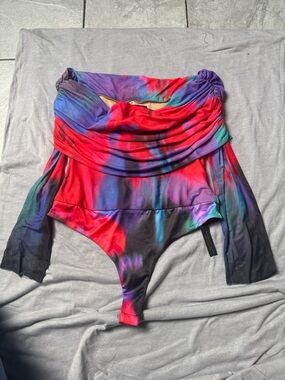 AFRM Off-Shoulder Tie-Dye Bodysuit in Red, Blue and Purple